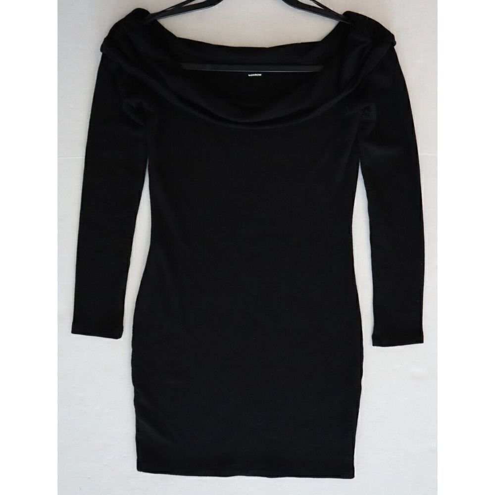Monrow Women's Sz Small Black Off Shoulder Long Sleeve Mini Dress - Picture 6 of 8